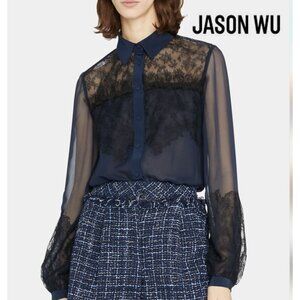 Jason Wu Collection navy + black silk, lace long sleeve dressy blouse, S10